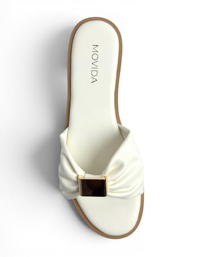 Image of MOVIDA Lumi Ruched Bow-Strap Flat Slide Sandal, White, for Casual Beach and Resort Wear, with Cushioned Footbed and Light Gold Square Buckle