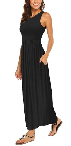 BDTECAOR Sommer Maxikleid Damen Lang Boho Hoher Taille Strandkleider Schwarz L