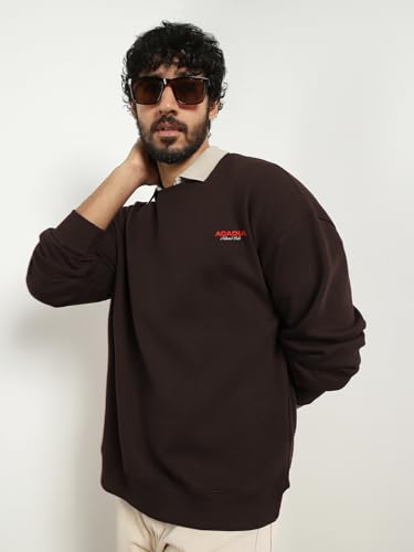 Image of Nobero Men's Graphic Printed Oversized Sweatshirt | Cotton Rich Fleece Round Neck Pullover | Relaxed Fit Casual Winter Wear for Men