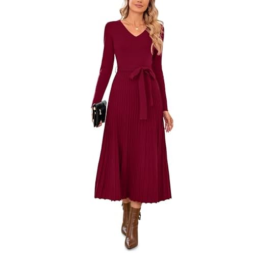 Arach&Cloz Women’s Wool Blend Tie Waist Pleated Fall Sweater Dress 2025