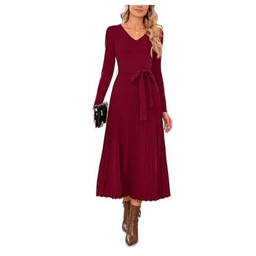Wine Red Wool-Blend Midi Sweater Dress
