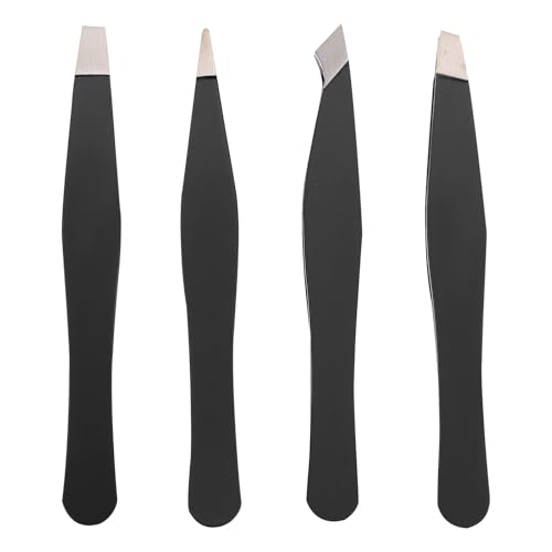 Sewroro Pinzas para Cejas de Acero Inoxidable 4 Piezas Negras, Recortador y Herramienta Práctica para Cuidado Facial, Mini Tamaño Portátil para Depilación y Maquillaje