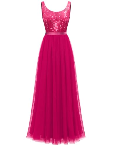 Image of BeryLove Sequin Dress for Woman Vintage A Line Wedding Formal Swing Mesh Dress Sleeveless Cocktail Maxi Gowns