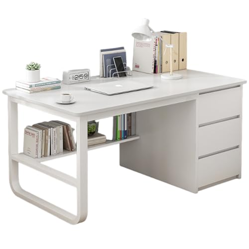 Escritorio gris multifuncional con 3 cajones y estante, amplia parte superior de madera, amplio almacenamiento, patas de acero resistentes, ideal para dormitorios, estudios y oficinas