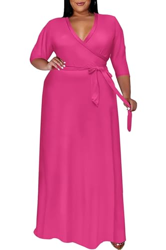 Image of Nmoder Plus Size Maxi Dress for Women - Summer Casual 3 /4 Sleeve Floral Flowy Long Dress with Belt XL- 6XL