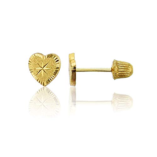 Solid 14K Yellow Gold Diamond Cut Heart Shaped Screw Back Stud Earrings | 14K Hypoallergenic ScrewBacks | Fine Jewelry | Solid Gold Stud Earrings for Women and Teens