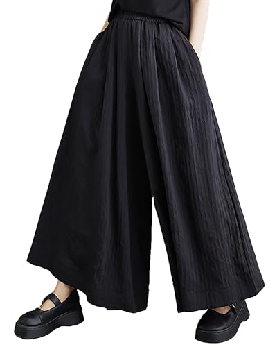 ellazhu Black Pants Skirt for Women Wide Leg Loose Culottes Summer GZ207 A