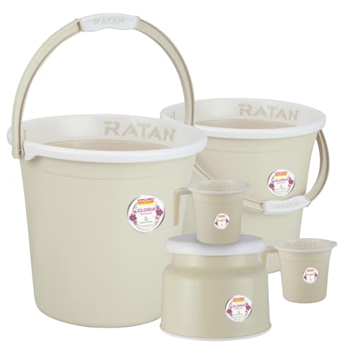 Image of RATAN PLASTICWARE Plastic Bathroom Set of 5 Pieces Combo Pack Gloria Plain 18 Liters & 20 Liters Bucket + Nova Stool Patla 107 + Two Gloria Plain Bath Mug 1 Liter Color Twist Beige