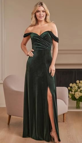 Cudiew Off Shoulder Velvet Bridesmaid Dress for Women Pleated Maxi Long Wedding Guest Gown with Slit4