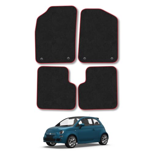 Fiat 500 (2013-2022) Car Mats Accessories Tailored Fit Carpet Floor Mats non Slip Red Trim Full Coverage Compatible Accessory Front Rear Set Anti Slip Granulated Backing Hand-Finished