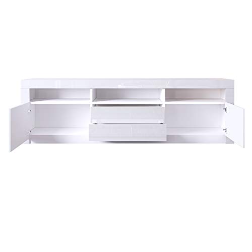 LED TV Stand Cabinet, White Gloss TV Unit with LED Lights, Modern High Gloss TV Stand Unit with 2 Doors 2 Drawers and Open Shelves, TV Entertainment Unit for Living Room Home Furniture 160CM