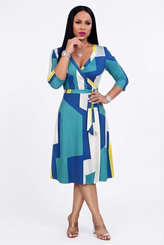 Image of Womens Plus Size Summer Dresses Sexy V Neck Midi Dress Faux Wrap Dress 3 /4 Sleeve Boho Casual Floral A-Line Skirts