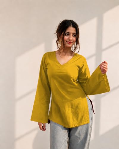 Image of Women's Cotton Short Kurti Black Solid Plain V Neck Full Bell Sleeve Casual Stylish Short Kurta for Women for Jeans Daily Girl Top