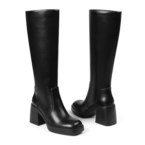 Lyrisiphy Womens Platform Knee High Boots Square Toe Wide Calf High Heeled Boots Side Zipper Tall Fall Boots2