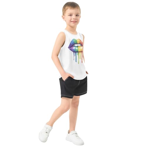 Boys Tank Top Shirts Rainbow Lips Colorful Sleeveless T-Shirts Crew Neck for Kids Clothing Children4