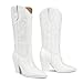 ISNOM White Women Cowgirl Knee High Western Tall Wide Calf Cowboy Boots