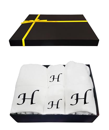 Luxury Monogrammed Towels Set - 4 Pack Soft Cotton Bath and Hand Towel Set - White Bath Towels for Hotel, Spa, Gym & Beach - Gifts for Men, Women, and Kids (Initial H, 4 Pack Gift Packaging)