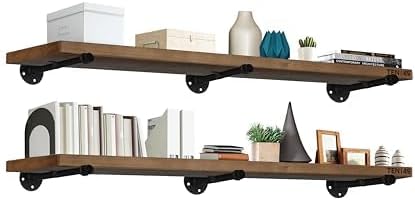 TEN49 Real Wood Rustic Floating Shelves Wall - 60 Wide Small Wooden Industrial Pipe Shelving 1.8 Thick - Farmhouse Pipe Wall Shelves Furniture Bathroom Decor Art Shelf - Dark Espresso Color - Set of 2