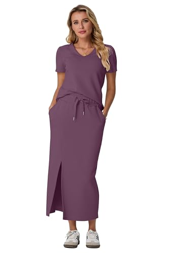 Image of GRECERELLE Women Summer Casual 2 Piece Sets V-Neck Wrinkle-Free Top & Elastic Waist Midi Side Slit Skirt with Pockets