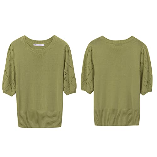 Image of Womens Short Sleeve Sweaters Crewneck Knit Pullover Tops 2025 Summer Casual Lightweight Crochet Blouse Shirt