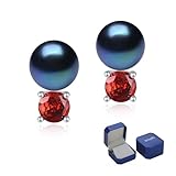 BAMIKI Black Pearl Earrings for Women, Round Garnet Red Zircon Earrings 925 Sterling Silver Pearl Stud Earrings, 8-8.5MM Freshwater Cultured Pearls, Ladies Jewelry Fashion Earrings