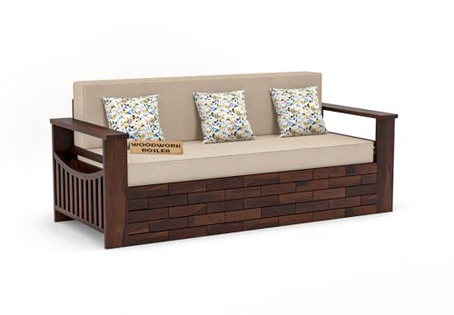 Image of Solid Sheesham Wooden Sofa Cums Bed with Mattresses for Living Room|Rosewood 3-Person Sofa Cums Bed for Bedroom Without Pillow (H-Walnut Finish)