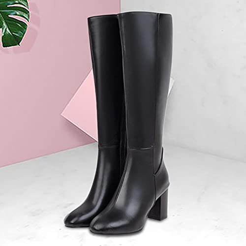 Hotberry Damen Stiefeletten Warme Lange Stiefel Hohe Boots Elegante Sexy Runde Zehe Plattformen High Heel Frauen Herbst Winter Reißverschluss PU Lederstiefel Schuhe, Schwarz, (39 EU)
