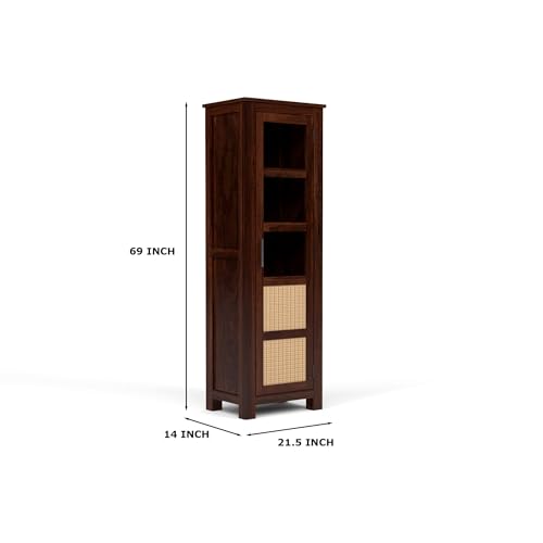 Image of Solid Sheesham Wood Bookshelf with Acrylic Glass Door | Rosewood Kitchen Cabinet with Storage Shelves for Dining Room & Office (B-Walnut Finish)