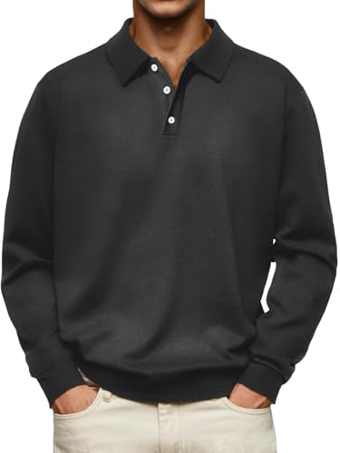Long Sleeve Polo Shirts for Men Classic Button Golf Shirt Casual Collared Thermal Work Pullover Tops - Main Image