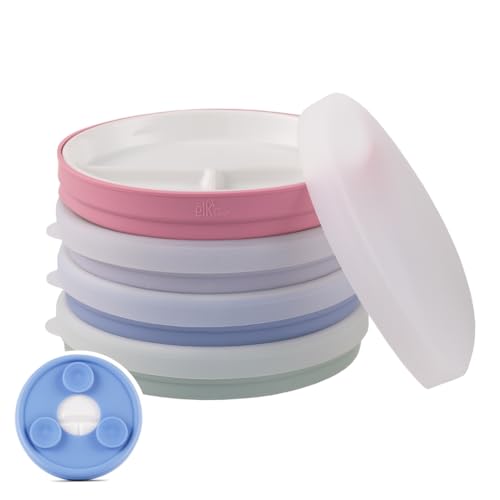 Elk and Friends Kids 6.7” Porcelain Divided Plates with Silicone Suction Sleeves + Silicone Lids | Suitable for Babies/Kids/Toddlers | Microwave & Dishwasher Safe | Non Slip | Snack Dishes | 4 Pack