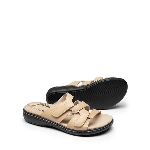 Image of DREAM PAIRS Women's Slides Arch Support Slip on Flat Sandals Wide Plantar Fasciitis Soft Cushion Slippers With Adjustable Straps