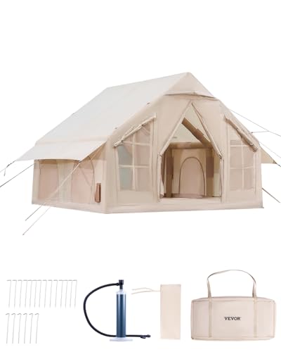 VEVOR Inflatable Tents for Camping, 4-6 Person Easy Setup Blow up Tent with Hand Pump, 300D Oxford 4 Season Glamping Tent with Stove Jack 2 Doors & 4 Mesh Windows, Storage Bag Included for Easy Taking