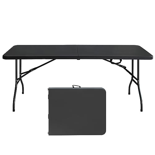 SculPong 6 FT Folding Table with Carry Handle, Portable Fold-in-Half Plastic Table, Rectangle Foldable Table for Indoor/Outdoor Black