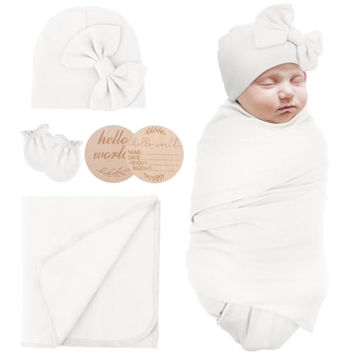 Image of AQOKKA Newborn Baby Receiving Blankets Girl with Bow Hat Mittens Wooden Birth Card Set Baby Swaddles for Newborns Toddler Gift
