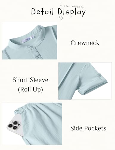 Image of Arshiner Boy's 2 Pieces Linen Sets Short Sleeve Henley Shirt and Shorts Summer Beach Matching Outfits 4-12 Years