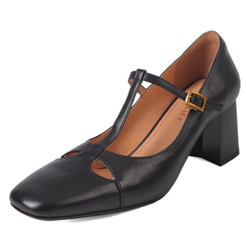 XIEDA Women's Genuine Leather Mary Janes Vintage T Strap Chunky Heel Comfortable Pumps Dress Shoes