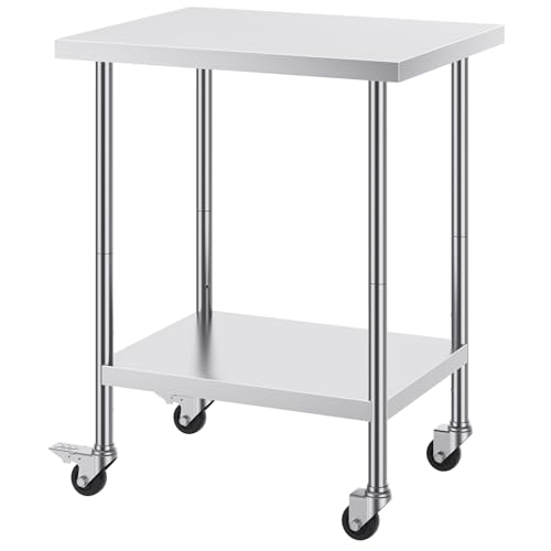 Happybuy 24 x 30 x 38 Inch Stainless Steel Work Table, Heavy Duty with 4 Wheels, Adjustable Height for Commercial Kitchen, Restaurant, Food Prep