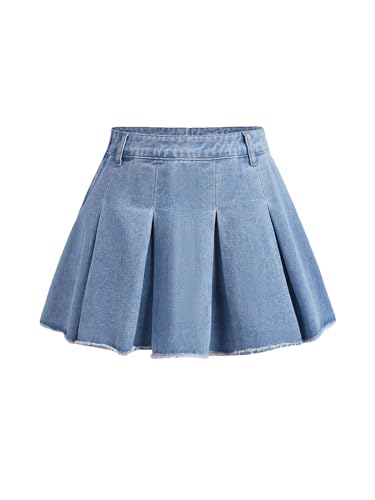 BEAUDRM Girl's Y2K Solid High Waist Raw Hem Pleated Skirt Casual Regular Fit Mini Denim Skirt Light Wash 13Y