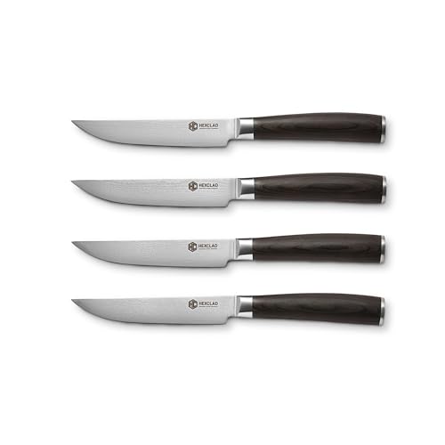 Image of HexClad Espresso Steak Knife Set, 4-Pieces Damascus Stainless Steel Blades, Full Tang Construction, Pakkawood Handles