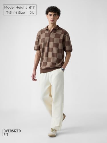 Image of The Souled Store Jacquard: Old School Brown Men and Boys Short Sleeves Collared Neck Cotton Oversized Polos