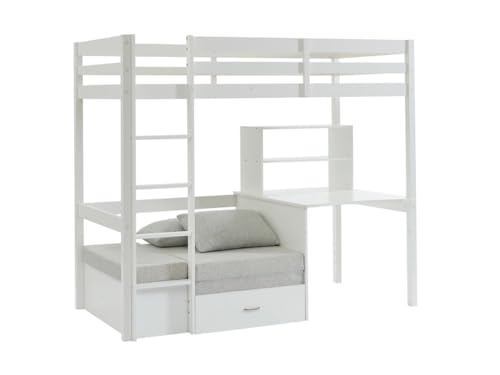 Vente-unique Hochbett mit Schreibtisch, Schlafsofa & Stauraum - 90 x 200 cm - Kiefer massiv - Geweißt - Goliath II
