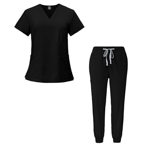 Meichoon Conjunto médico de mujer con cuello en V, top elástico de manga corta y cordón ajustable, pantalón ultrasuave y de secado rápido DK05 Negro Mediano
