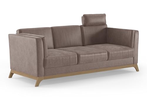 Cavadore 3er-Sofa Vida / 3-Sitzer Couch im trendigen Design mit massivem Holzrahmen in Buche, Kopfstütze mit Kuschelkissen / 213 x 84 x 93 / Mikrofaser, Hellbraun