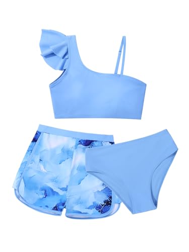Image of ESHOO Girls Swimsuit 3 Piece Bathing Suit Ruffled Bikini Set with Shorts for Girls 9-16 Years Swimwear