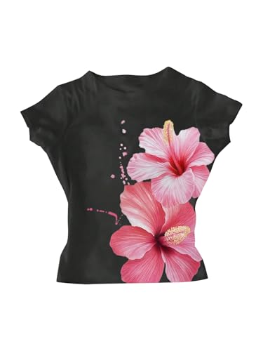 Image of RoseSeek Girl's Floral Graphic Crop Tops Tees Short Sleeve Crewneck Cute Slim Fit T Shirt Summer Tops