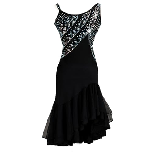 Damen Schwarz Latein Tanzkleider Neckholder Latein Turnierkleid Ballsaal Rückenfrei Salsa Samba Fransen Schlitz Rock Walzer Foxtrott Tanzkleid Latein...