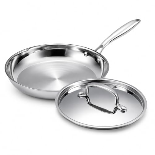 USELUCK 10 Inch Stainless Steel Frying Pan - 3 Ply Stainless Clad Skillet with Lid, Durable and Even...