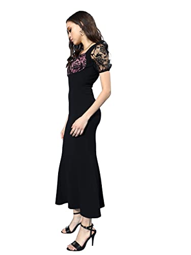 Image of Miss Chase Women's Black Square Puff Sleeve Solid Lace Overlaid Ankle Length Dress (MCSS22D13-48-62-07, Black, XXL)