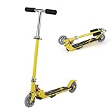 GYMAX Trottinette Enfants 3-7 Ans Pliable, 2 Roues Lumineuses, Hauteur Réglable à 3 Niveaux, avec Béquille, en Aluminium Léger Robuste, Charge Max 70 KG, Roulement Durable ABEC-7 (Jaune)