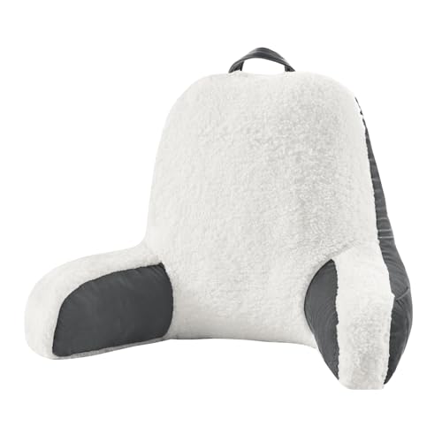 downluxe Sherpa Reading Pillow with Support Arms, Bed Pillows for Sitting Up in Bed/Couch, Large Adult Arm Pillow with Shredded Memory Foam and Removable Cover (20 X 15 Inches Dark Grey)